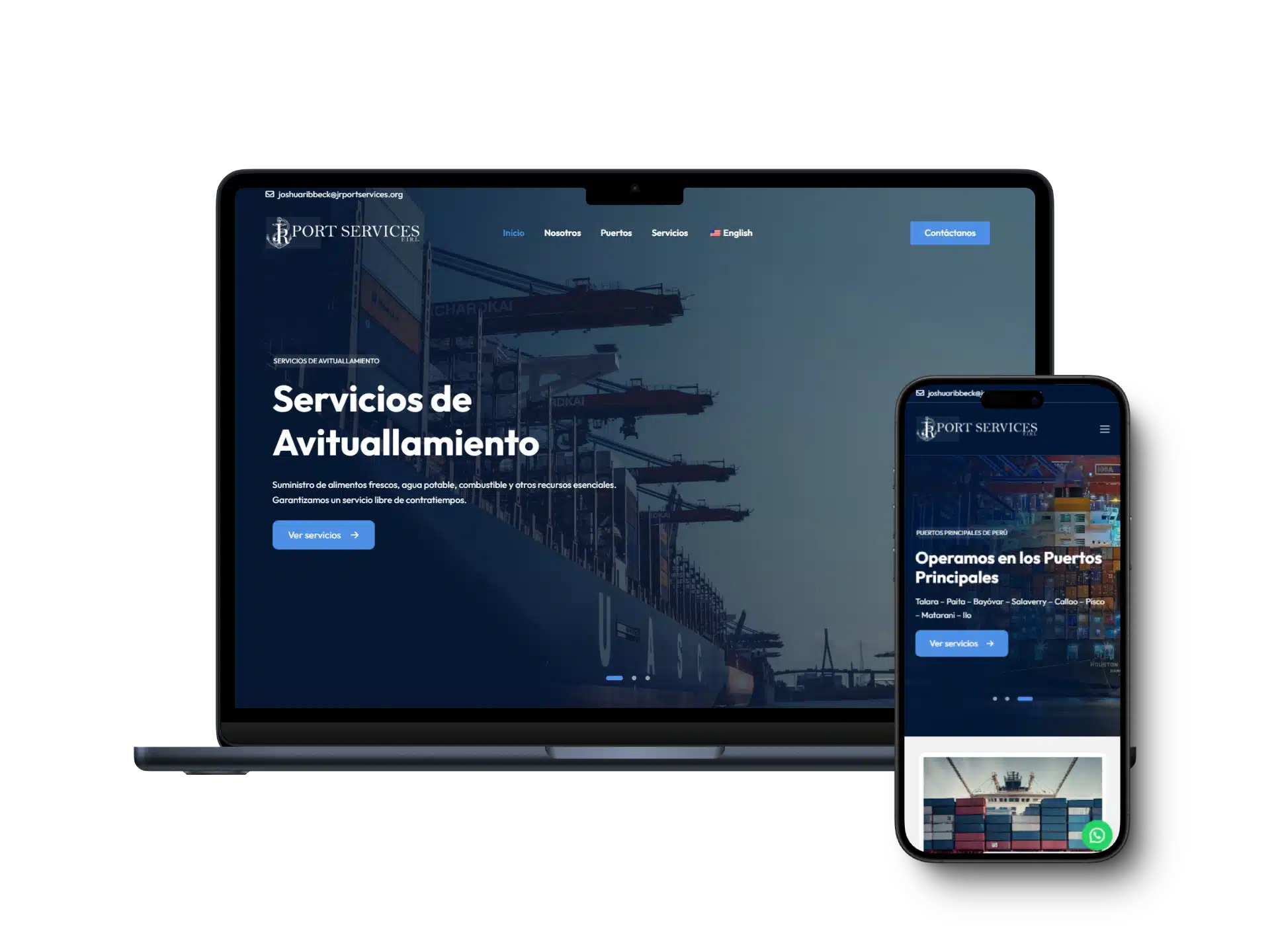 Diseño de página web de inquihersa en web y movilSEjemplo de diseño web responsivo creado por agencia de diseño de páginas web en Monterrey. Muestra una página profesional adaptada a laptop y móvil, ideal para empresas del sector logístico y portuario.