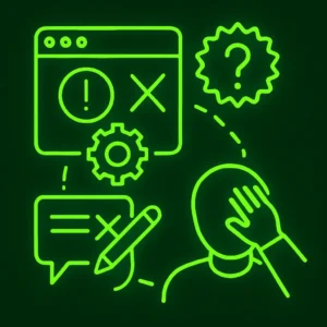 Ilustración en neón verde que representa errores comunes al crear páginas web