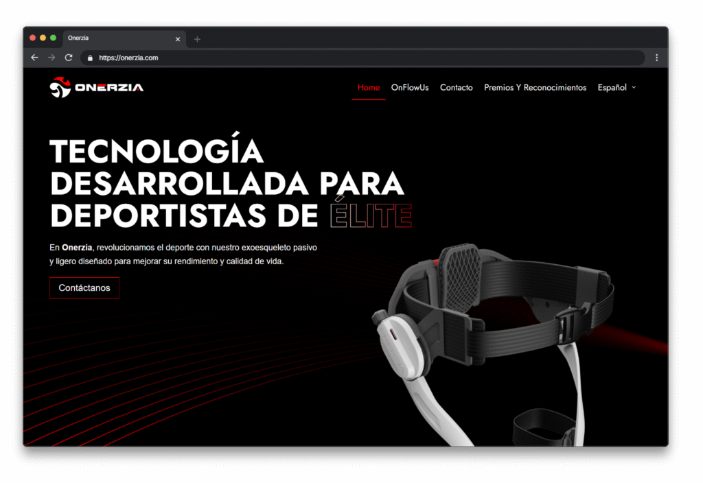 Sitio web premium diseñado para Onerzia, marca de exoesqueletos deportivos. Desarrollado con Elementor Pro, diseño enfocado en innovación y alto rendimiento.