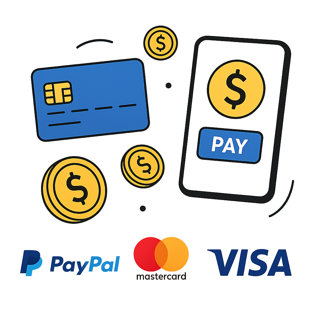 Ilustración de métodos de pago digitales con tarjeta de crédito, smartphone, monedas y logotipos de PayPal, Mastercard y Visa