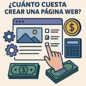 Ilustración en estilo plano que muestra una computadora con el diseño de una página web, engranes, billetes, una calculadora y una moneda, representando los costos de creación de un sitio web.