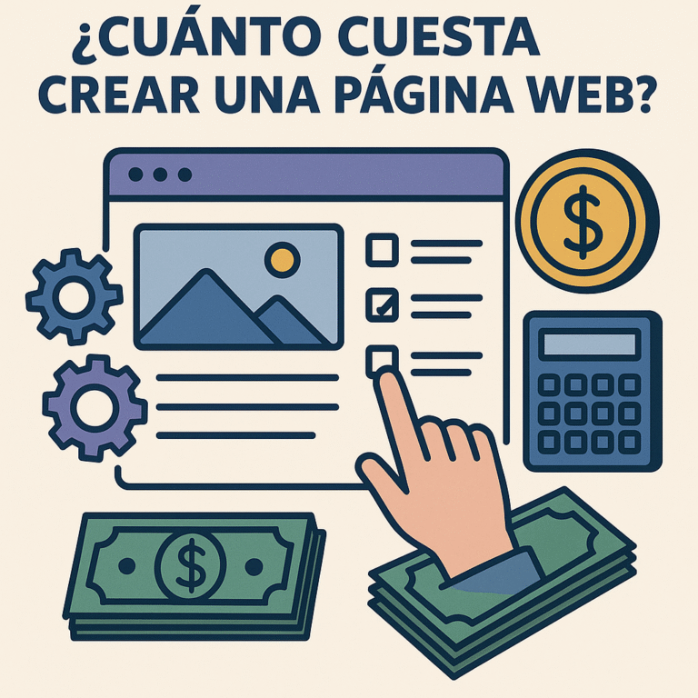 Ilustración en estilo plano que muestra una computadora con el diseño de una página web, engranes, billetes, una calculadora y una moneda, representando los costos de creación de un sitio web.