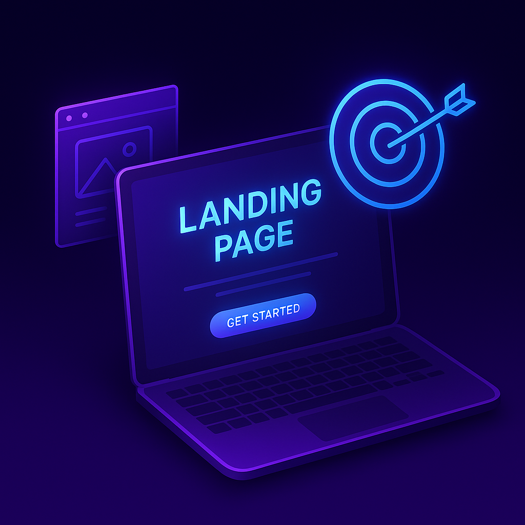 Ilustración futurista de landing page con laptop, ícono de objetivo y diseño en colores púrpura y azul.