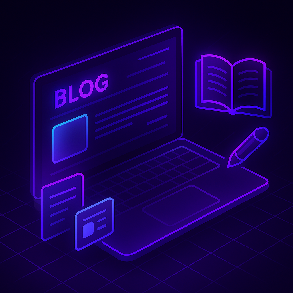 Ilustración futurista de blog o sitio de contenido con laptop, icono de libro y diseño en colores púrpura y azul.