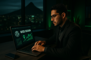 Diseñador web profesional trabajando en una página web con enfoque en Monterrey y SEO local