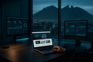 Diseñador web profesional trabajando en oficina en Monterrey con gráficos de SEO y diseño web en pantalla