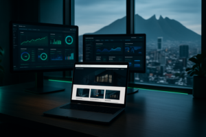 Diseñador web profesional trabajando en oficina con vista de Monterrey y gráficos de diseño web