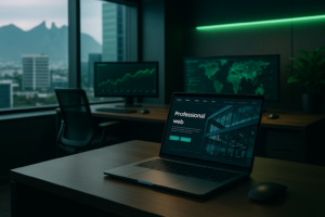 Diseño web corporativo profesional en Monterrey mostrando oficina moderna y tecnología